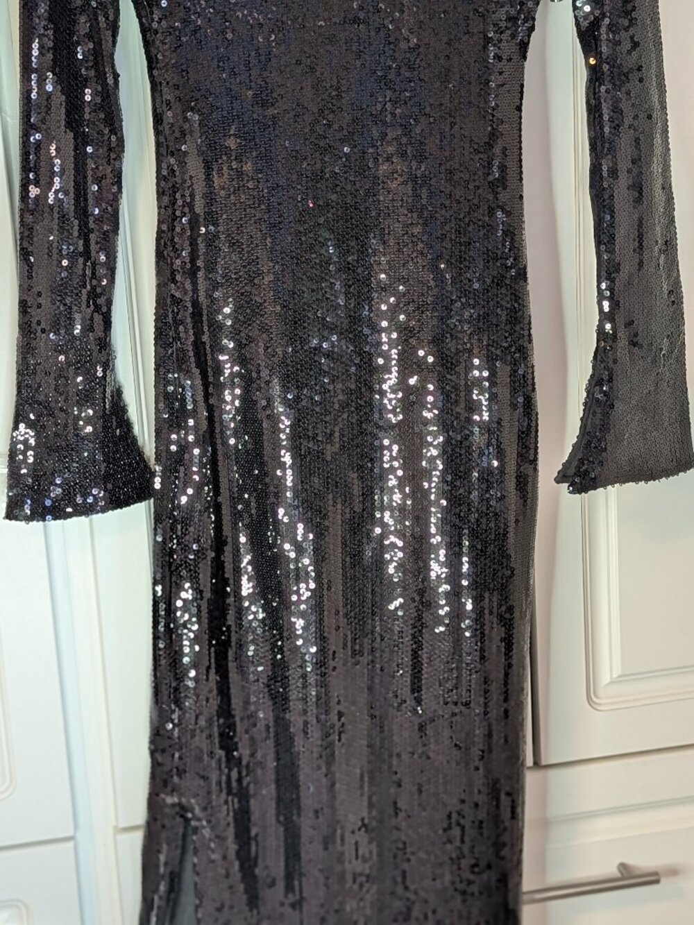 Black Sequin Gown Formal Open Back Long Sleeve Maxi Dress Slit XS Custom NWOT - Picture 5 of 16